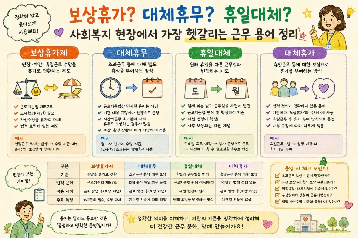 보상휴가? 대체휴무? 휴일대체? 사회복지 현장에서 가장 헷갈리는 근무 용어 정리
